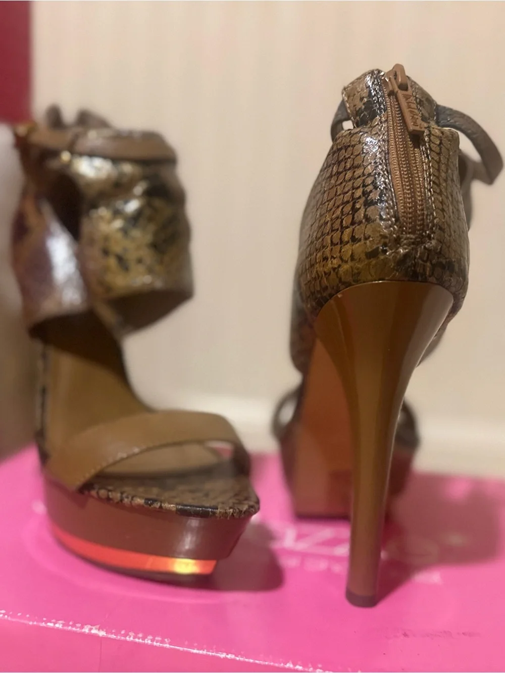 Shoe Dazzle Brown Snake-Print Platform Sandals